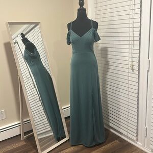 Birdie Grey off the shoulder bridesmaid dress in green (looks like eucalyptus)